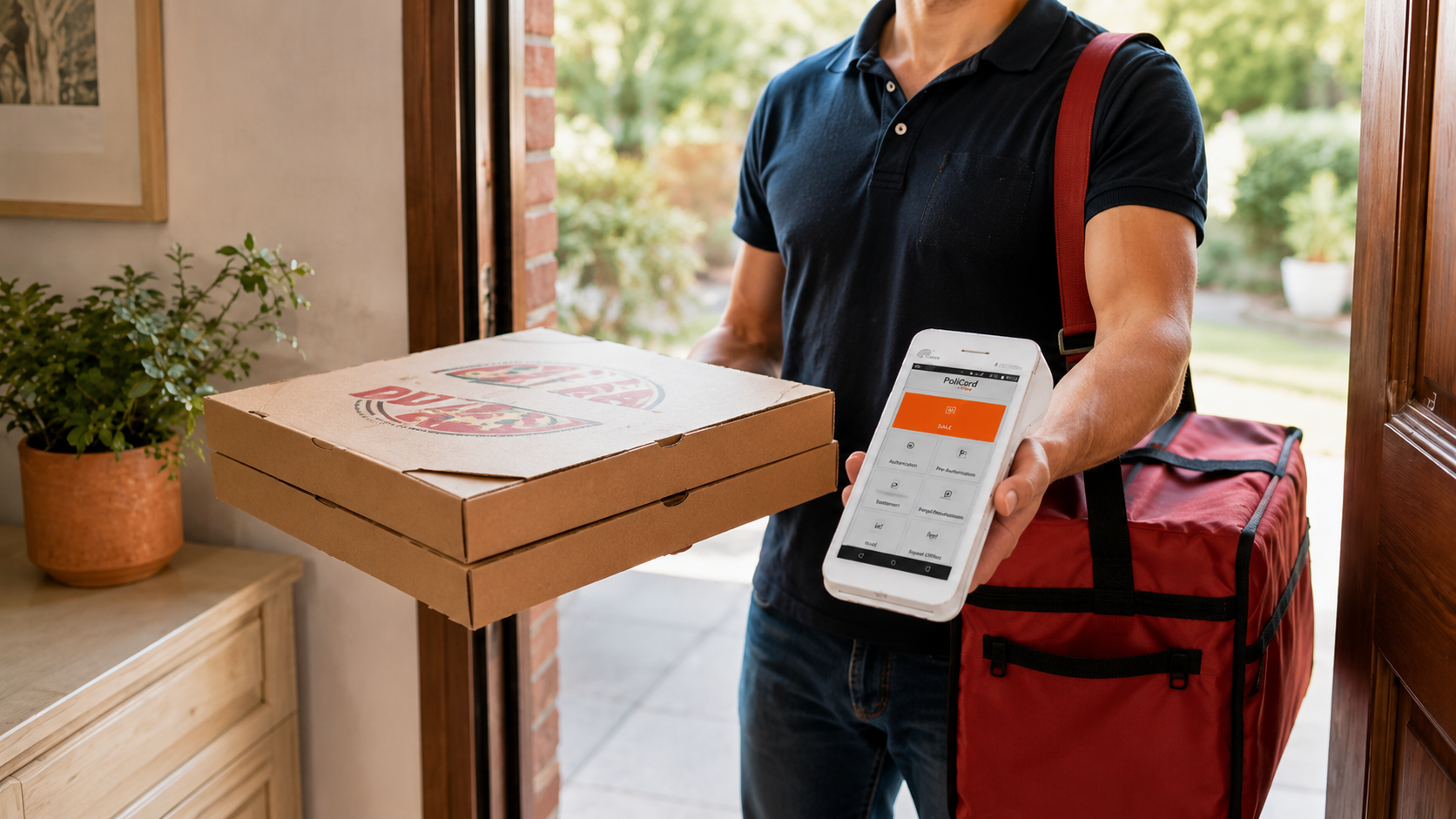 Dostawca pizzy przyjmujący płatność mobilnym terminalem przy drzwiach klienta